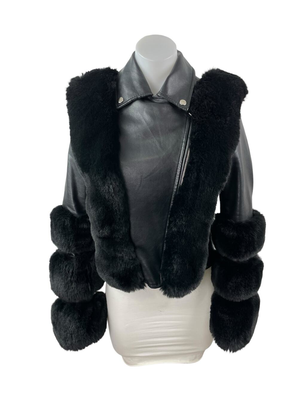Women's Black Faux Fur Trim Faux Vegan Leather Crop Moto Biker Coat Jacket Sz S